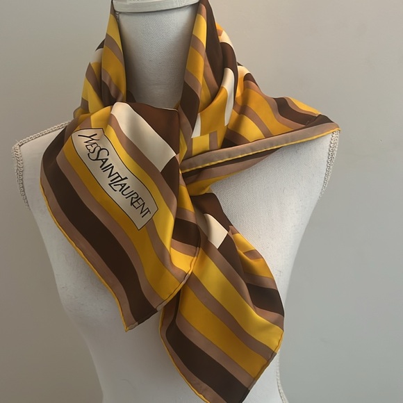 YSL Yves Saint Laurent Yellow Striped Scarf 30”x30” - Picture 11 of 11